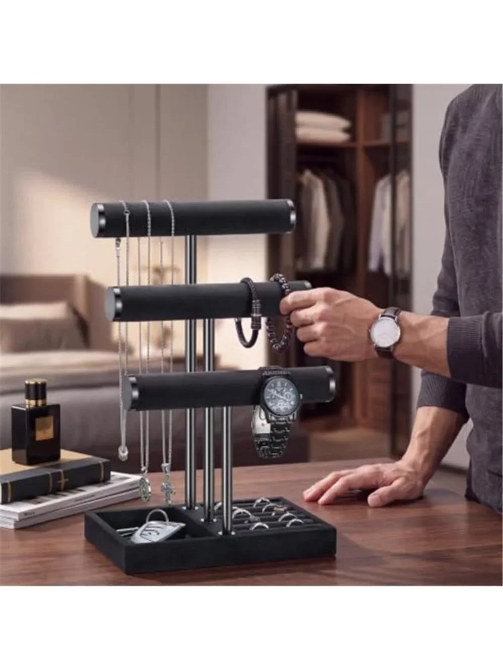 Jewelry Storage Organizer for Mens, 3 Tier Velvet Jewelry Organizer